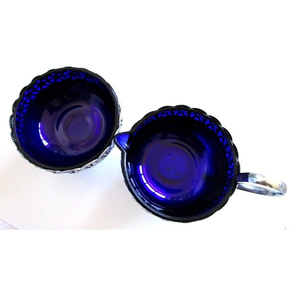 Cobalt Blue Glass and Silver Quality Plate Sugar and Creamer Set - England VTG - Picture 16 of 16